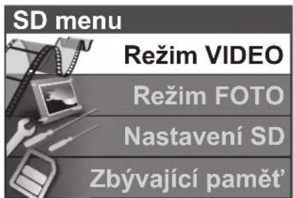 SD menu Režim VIDEO Režim FOTO Nastavení SD Zbývající paměť