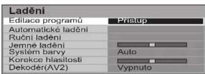 Ladění Editace programů Prístup Automatické ladění Ruční ladění Jemné ladění Syslém barvy Auto Korekce hlasitosti Dekoděr(AV2) Vypnuto