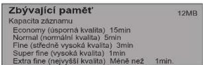 Zbývající paměť 12MB Kapacita záznamu Economy (úsporná kvalita) 15min Normal (normální kvalita) 5min Fine (středně vysoká kvalita) 3min Super fine (vysoká kvalita) 1min Extra fine (nejvyšší kvalita) Měně než 1min.