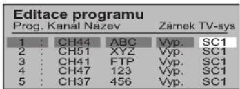 Editace programu Prog. Kanál Název Zámek TV-sys 1 : CH44 ABC Vyp. SC1 2 : CH51 XYZ Vyp. SC1 3 : CH41 FTP Vyp. SC1 4 : CH47 123 Vyp. SC1 5 : CH37 456 Vyp. SC1