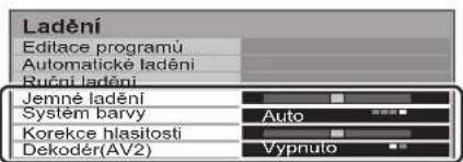 Ladění Editace programů Automatické ladění Růční ladění Jemné ladění System barvy Auto Korekce hlasitosti Dekodér(AV2) Vypnuto