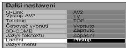 Dalši nastavení Q-Link AV2 Vystup AV2 TV Teletext TOP Časovač vypnutí Vypnuto 3D-COMB Zapnuto Jazyk teletextu Západní Ladení Pristup Jazyk menu