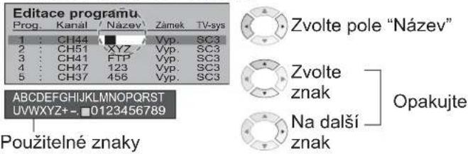 Editace programu Prog. Kanal' Název' Zánek TV-sys 1 CH44 Vyp. SC3 2 CH51 XYZ Vyp. SC3 3 CH41 FTP Vyp. SC3 4 CH47 123 Vyp. SC3 5 CH37 456 Vyp. SC3 Použitelné znaky ABCDEFGHIJKLMNOPQRSTUVWXYZ+-.0123456789 Zvolte pole "Název" Zvolte znak Na další znak Opakujte