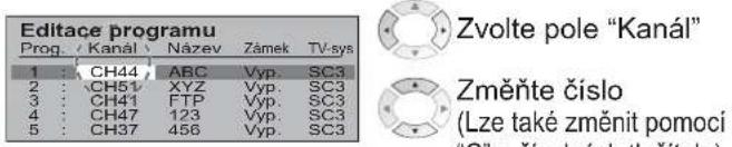 Editace programu Prog ( Kanál ) Název Zámek TV-sys 1 CH44 ABC Vyp. SC3 2 CH51 XYZ Vyp. SC3 3 CH41 FTP Vyp. SC3 4 CH47 123 Vyp. SC3 5 CH37 456 Vyp. SC3 Zvolte pole "Kanál" Změnte číslo (Lze také změnit pomocí "O" je číslo (szt the št ale)