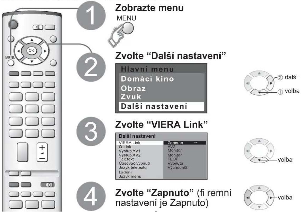 1 Zobrazte menu MENU 2 Zvolte "Další nastavení" Hlavní menu Domácí kino Obraz Zvuk Další nastavení 3 Zvolte "VIERA Link" Další nastavení VIERA Link Q-Link Výstup AV1 Výstup AV2 Teletext Časovač vypnutí Jazyk teletextu Ladění Jazyk menu Zapnuto AV2 Monitor Monitor FLOF Vypnuto Východni2 4 Zvolte "Zapnuto" (fi remní nastavení je Zapnuto) ② další ① volba volba volba