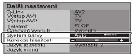 Dalši nastavení Q-Link AV2 Výstup AV1 TV Výstup AV2 TV Teletext FLOF Casovač vypnutí Vypnuto Systém barvy Auto Korekce hlasitosti Jazyk teletextu Vychodni 2 Jazyk menu