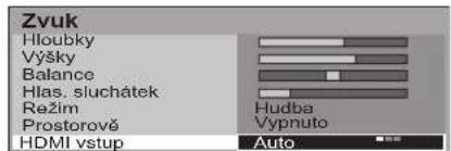 Zvuk Hloubky Výšky Balance Hlas. sluchátek Režim Prostorové HDMI vstup Hudba Vypnuto Auto