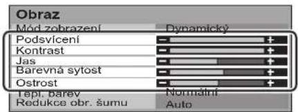 Obraz Mód zobrazení Dynamický Podsvícení Kontrast Jas Barevná sytost Ostrost Tepi, barev Redukce obr. šumu Normátní Auto