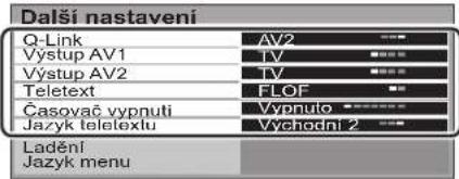 Další nastavení Q-Link AV2 Výstup AV1 TV Výstup AV2 TV Teletext FLOF Časovač vypnutí Vypnulo Jazyk teletextu Vychodní 2 Ladění Jazyk menu