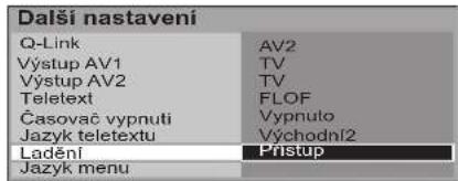 Dalši nastavení Q-Link AV2 Výstup AV1 TV Výstup AV2 TV Teletext FLOF Časovac vypnuti Vypnuto Jazyk teletextu Východní2 Ladění Pristup Jazyk menu