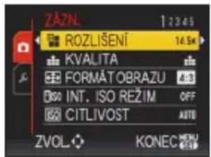 ZAZN 1 2 3 4 5 ROZLIŠENÍ 14.5x KVALITA FORMÁT OBRAZU INT. ISO REZIM OFF CITLIVOST AUTO ZVOL KONEC
