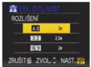 VYS. CITLIVOST ROZLIŠENÍ 4:3 34 3:2 2.54 16:9 24 ZRUŠIT ZVOL NAST. MENU