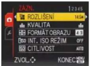 ZAZN 12345 ROZLIŠENÍ 14.5k KVALITA FORMÁT OBRAZU ISO INT. ISO REŽIM OFF CITLIVOST AUTO ZVOL KONEC
