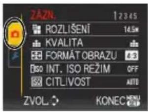 ZAZN. 12345 ROZLIŠENÍ 14.5M KVALITA FORMÁT OBRAZU ISO INT. ISO REŽIM OFF CITLIVOST AUTO ZVOL KONEC MENU