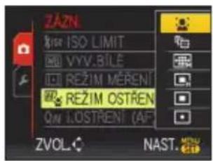 ZAZN ISO ISO LIMIT VYV.BÍLÉ REŽIM MĚŘENÍ REŽIM OSTŘENÍ ON LOSTŘENÍ (AF) ZVOL. NAST.