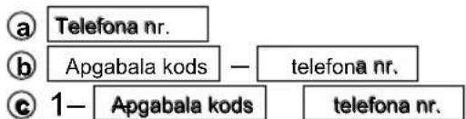 a Telefona nr. b Apgabala kods — telefona nr. c 1— Apgabala kods telefona nr.