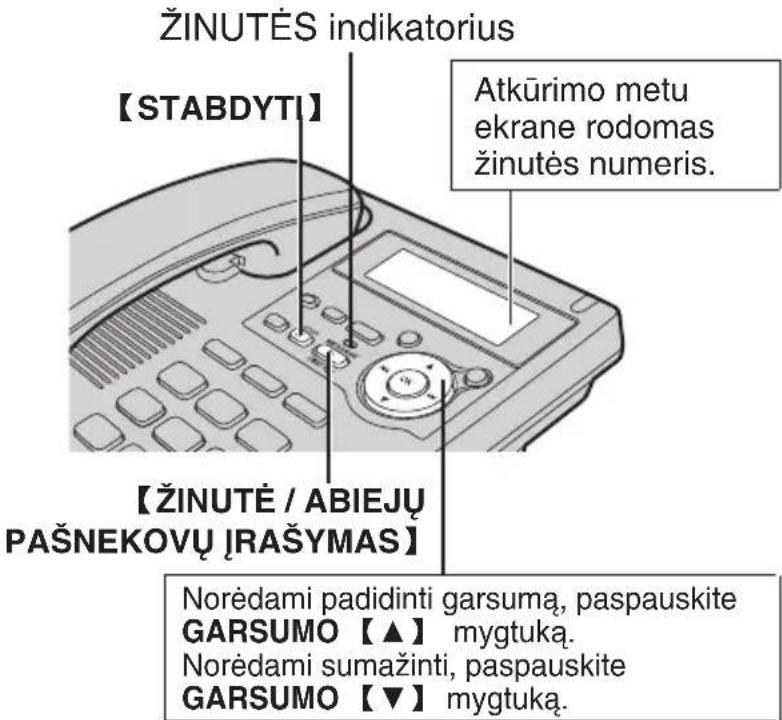 ŽINUTĖS indikatorius 【STABDYTI】 Atkūrimo metu ekrane rodomas žinutės numeris. 【ŽINUTĖ / ABIEJŲ PAŠNEKOVŲ ĮRAŠYMAS】 Norėdami padidinti garsuma, paspauskite GARSUMO 【▲】 mygtuką. Norėdami sumažinti, paspauskite GARSUMO 【▼】 mygtuką.