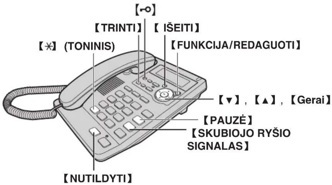 [-○] [TRINTI] [IŠEITI] [★] (TONINIS) [FUNKCIJA/REDAGUOTI] [▼], [▲], [Gerai] [PAUZĖ] [SKUBIOJO RYSIO SIGNALAS] [NUTILDYTI]