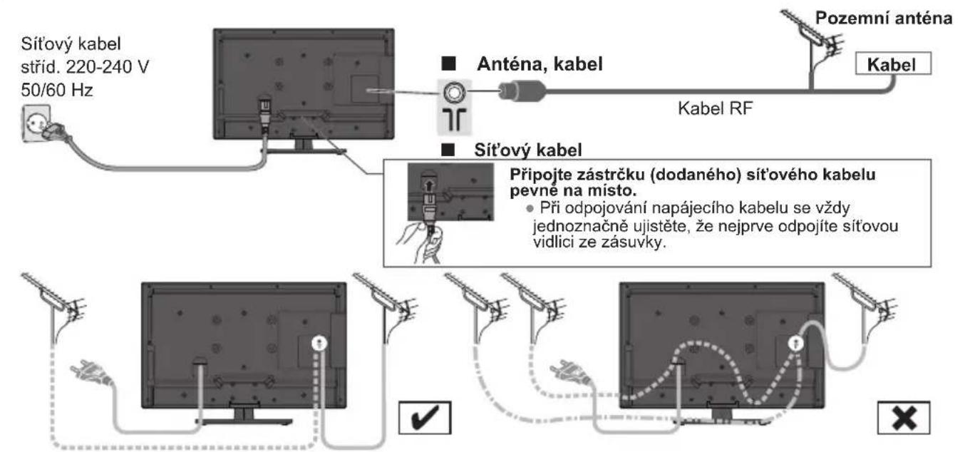 Sítový kabel střid. 220-240 V 50/60 Hz Anténa, kabel Kabel RF Pozemní anténa Kabel Sítový kabel Připojte zástrčku (dodaného) sítového kabelu pevné na místo. • Při odpojování napájecího kabelu se vždy jednoznačně ujištěte, že nejprve odpojíte sítovou vidlici ze zásuvky.