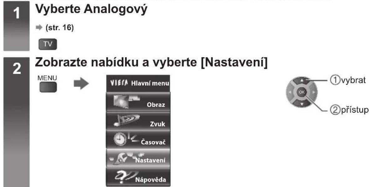 1 Vyberte Analogový → (str. 16) TV 2 Zobrazte nabídku a vyberte [Nastavení] MENU → VIEFA Hlavní menu Obraz Zvuk Časovač Nastavení Nápověda ①vybrat ②přístup
