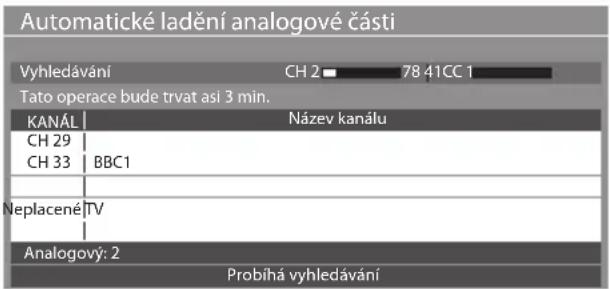 Automatické ladění analogové části Vyhledávání CH 2 78 41CC 1 Tato operace bude trvat asi 3 min. KANÁL Název kanálu CH 29 CH 33 BBC1 Neplacené TV Analogový: 2 Probíhá vyhledávání