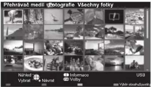 Přehrávač medíl Fotografie Všechny fotky Náhled Vybrat Návrat Informace Volby USB Výbrat obsahu Spustí