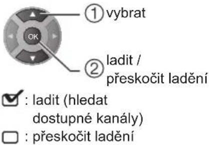 ① vybrat OK ② ladit / přeskočit ladění ✓ : ladit (hledat dostupné kanály) □ : přeskočit ladění