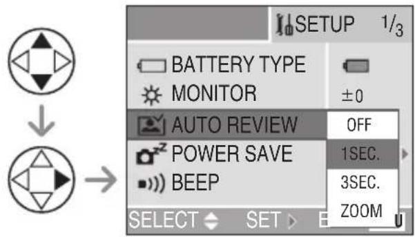 BATTERY TYPE MONITOR AUTO REVIEW POWER SAVE BEEP SELECT SET SETUP 1/3 ±0 OFF 1SEC. 3SEC. ZOOM