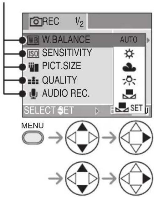 REC 1/2 WB W.BALANCE AUTO ISO SENSITIVITY PICT.SIZE QUALITY AUDIO REC. SELECT SET > SET U MENU → → → → → →
