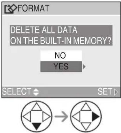 FORMAT DELETE ALL DATA ON THE BUILT-IN MEMORY? NO YES SELECT SET