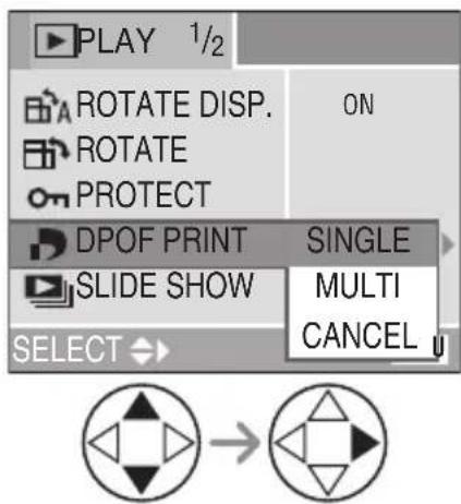 PLAY 1/2 ROTATE DISP. ON ROTATE PROTECT DPOF PRINT SINGLE SLIDE SHOW MULTI SELECT CANCEL