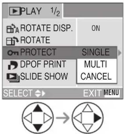 PLAY 1/2 ROTATE DISP. ON ROTATE PROTECT SINGLE DPOF PRINT MULTI SLIDE SHOW CANCEL SELECT EXIT MENU
