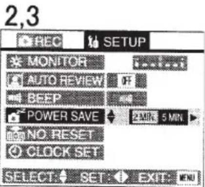 2,3 REC SETUP MONITOR AUTO REVIEW OFF BEEP POWER SAVE 2 MIN 5 MIN NO RESET CLOCK SET SELECT SET EXIT MENU