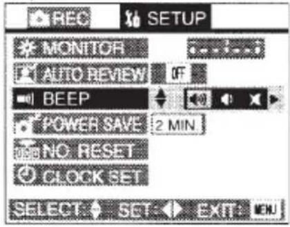 REC SETUP MONITOR AUTO REVIEW BEEP POWER SAVE 2 MIN NO RESET CLOCK SET SELECT SET EXIT MENU