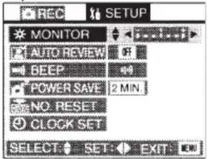 REC SETUP MONITOR AUTO REVIEW BEEP POWER SAVE NO RESET CLOCK SET SELECT SET EXIT MENU