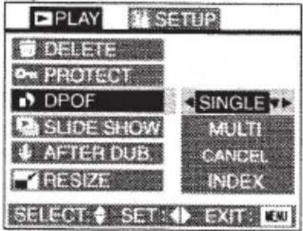 PLAY DELETE PROTECT DPOF SLIDE SHOW AFTER DUB RESIZE SINGLE MULTI CANCEL INDEX SELECT SET EXIT