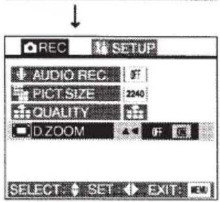 REC AUDIO REC. PICT SIZE 2240 QUALITY D.ZOOM SELECT: SET EXIT: EM