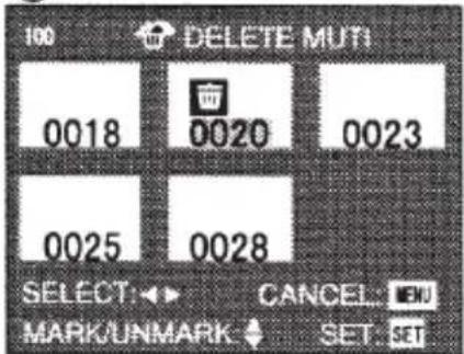 100 DELETE MUTI 0018 0020 0023 0025 0028 SELECT: ▶ CANCEL: EW MARK/UNMARK SET: SET