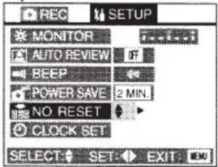REC MONTOR AUTO REVIEW BEEP POWER SAVE 2 MIN. NO RESET CLOCK SET SELECT SET EXIT