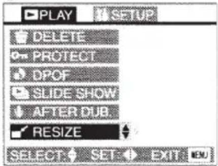 PLAY DELETE PROTECT DPOF SLIDE SHOW ASTER DUB RESIZE SELECT SEE EXIT
