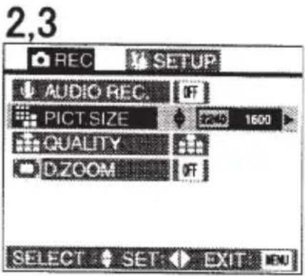 2,3 REC SETUP AUDIO REC. OFF PICT SIZE 1600 QUALITY D.ZOOM OFF SELECT SET EXIT EN