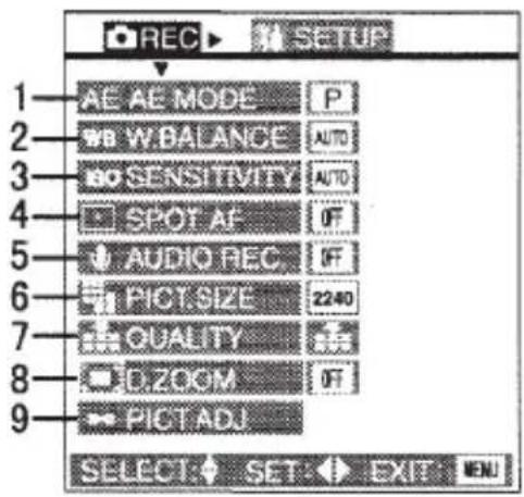 1 AE AE MODE P 2 WB.BALANCE AUTO 3 B.SENSITIVITY AUTO 4 SPOT A OFF 5 AUDIO REC OFF 6 PLOT-SIZE 2240 7 QUALITY 8 E.ZOOM OFF 9 PLOT ADJ SELECT SET EXIT MENU