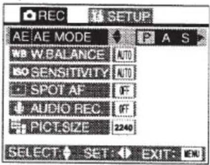 REC SETUP AE AE MODE WB W.BALANCE AUTO ISO SENSITIVITY AUTO SPOT AF OFF AUDIO REC OFF PIOT SIZE 2240 SELECT SET EXIT: ENU
