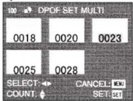 100 DPOF SET MULTI 0018 0020 0023 0025 0028 SELECT CANCEL: NEW COUNT SET