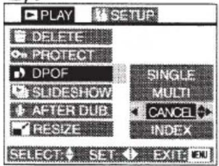 PLAY DELETE PROTECT DPOF SLIDESHOW AFTER DUB RESIZE SINGLE MULTI CANCEL INDEX SELECT SET EXIT