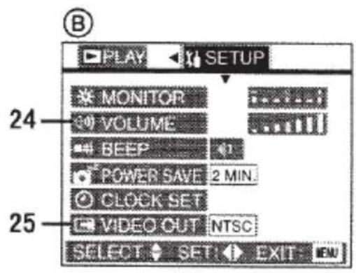 24 MONITOR VOLUME BEEP POWER SAVE 2 MIN. CLOCK SET VIDEO OUT NTSC SELECT SET EXIT END