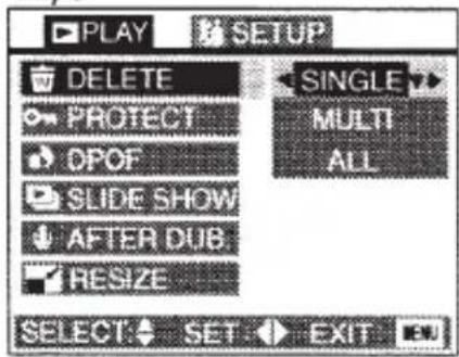 PLAY SETUP DELETE PROTECT OPOF SLIDE SHOW AFTER DUB RESIZE SELECT: SET EXIT