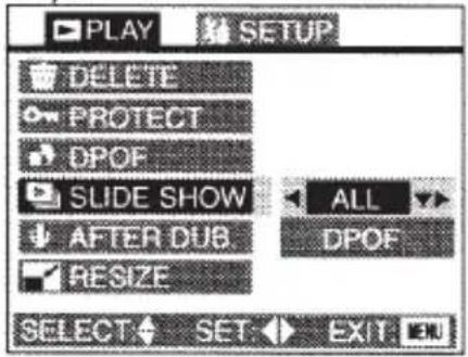 PLAY SETUP DELETE PROTECT DPOP SLIDE SHOW ALL AFTER DUB DPOP RESIZE SELECT SET EXIT EN