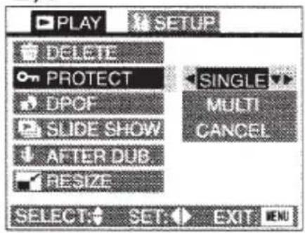 PLAY DELETE PROTECT DPOF SLIDE SHOW AFTER DUB. RESIZE SELECT SET: EXIT MENU SINGLE MULTI CANCEL
