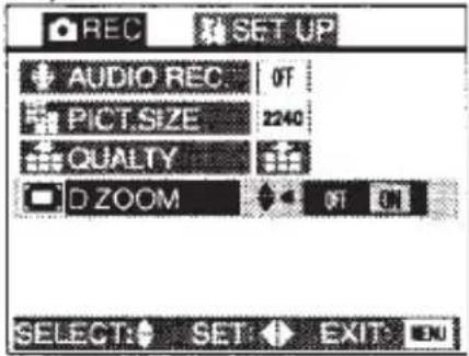 REC SET UP AUDIO REC. 0F PICT.SIZE 2240 QUALTY D ZOOM 0F SELECT: SET EXIT: 0N